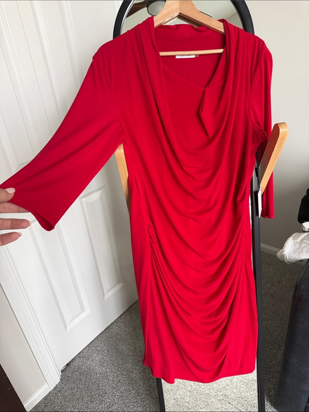 Calvin Klein Red Draped Cowl-Neck Long Sleeve Dress NWT